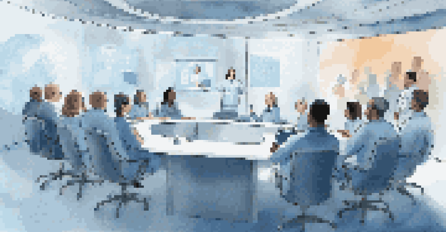 A diverse healthcare team participating in a virtual meeting displayed on a large screen in a conference room.