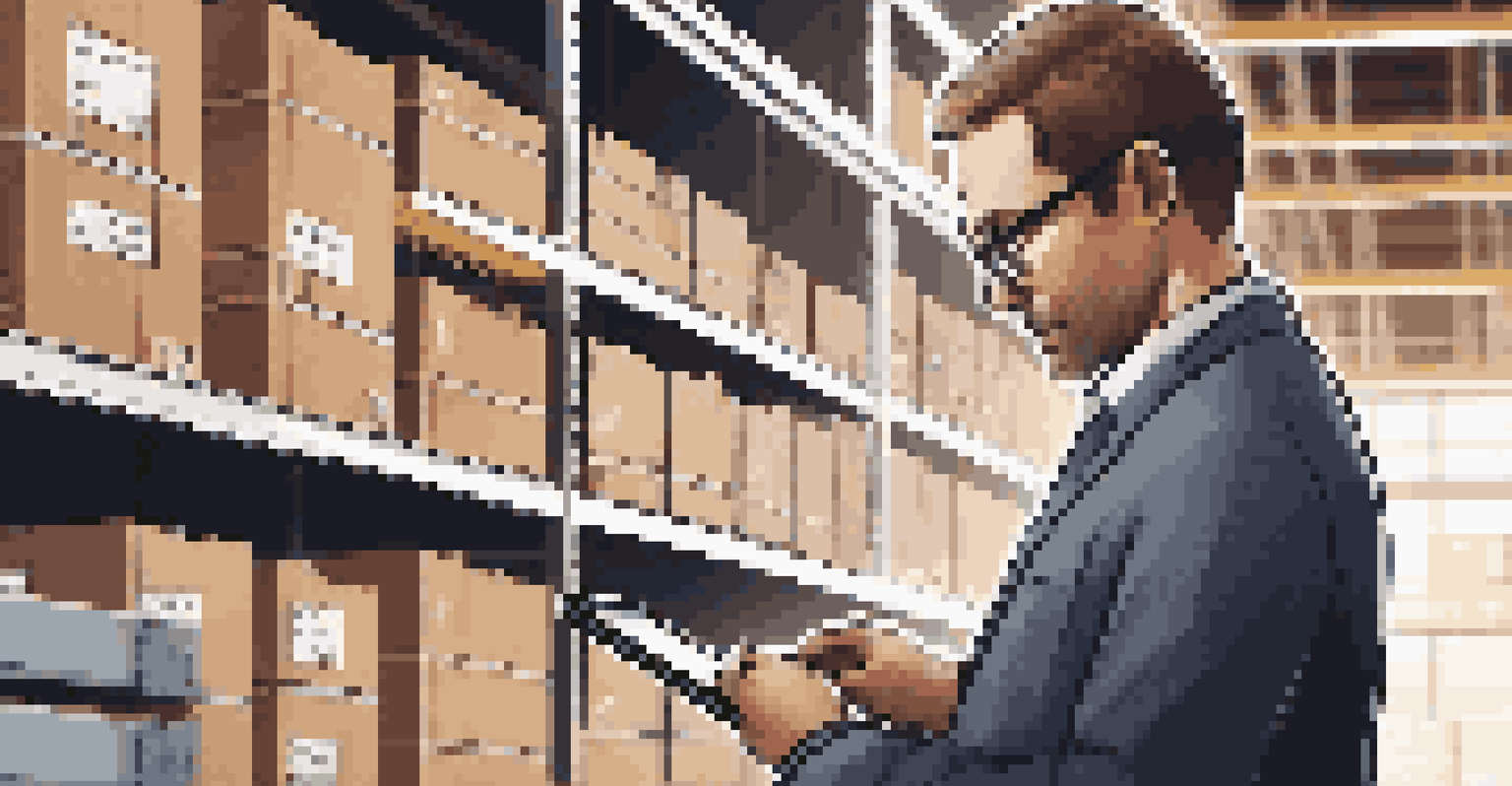 A logistics manager using a tablet in a warehouse, with shelves and a digital dashboard in the background.