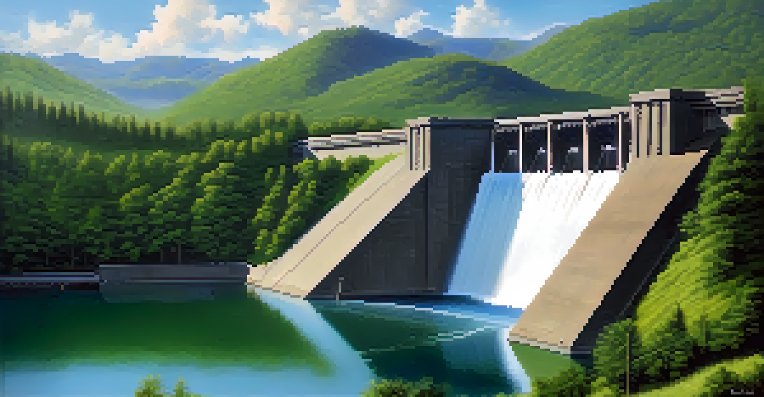 A serene hydroelectric dam with cascading water, surrounded by forests and mountains under a clear sky.
