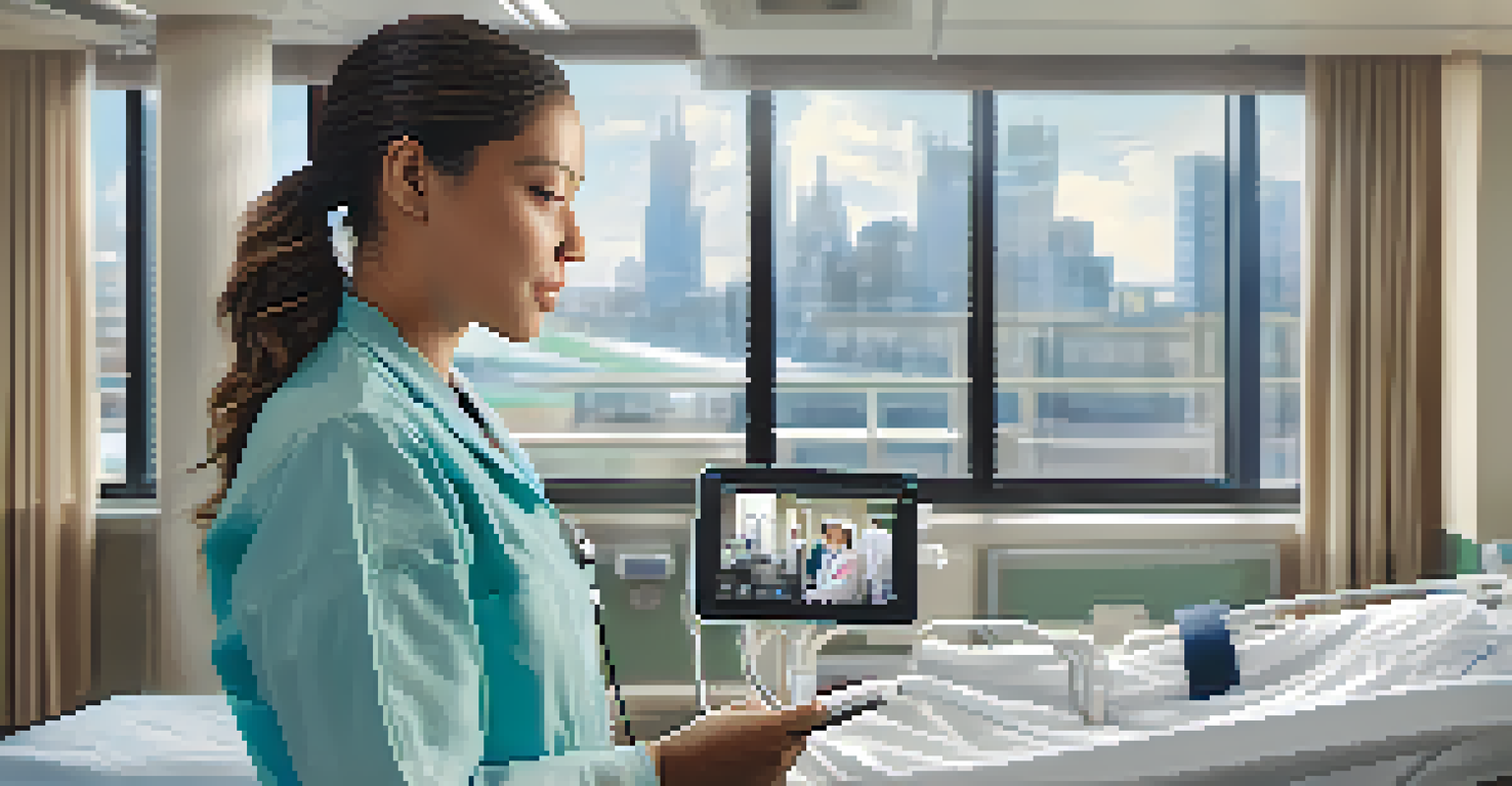A healthcare professional monitors patient vitals remotely using a tablet in a modern hospital setting.