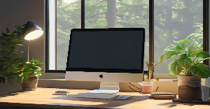 A modern workspace with a computer desk and a bright 'Sign Up' button on the screen, illuminated by warm sunlight.