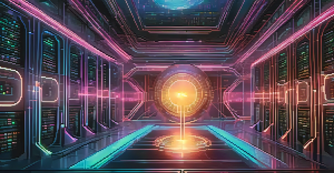 A digital landscape representing quantum cryptography with a high-tech vault and glowing quantum particles.