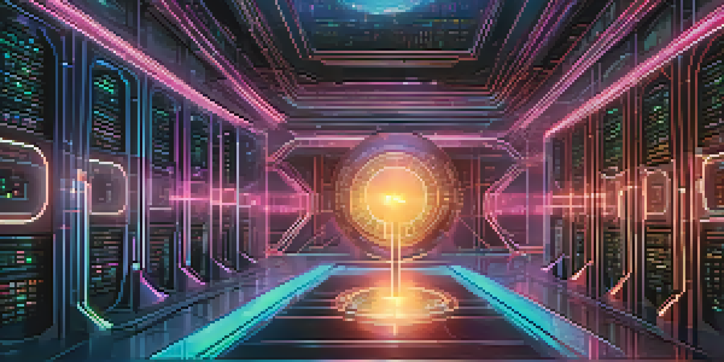 A digital landscape representing quantum cryptography with a high-tech vault and glowing quantum particles.