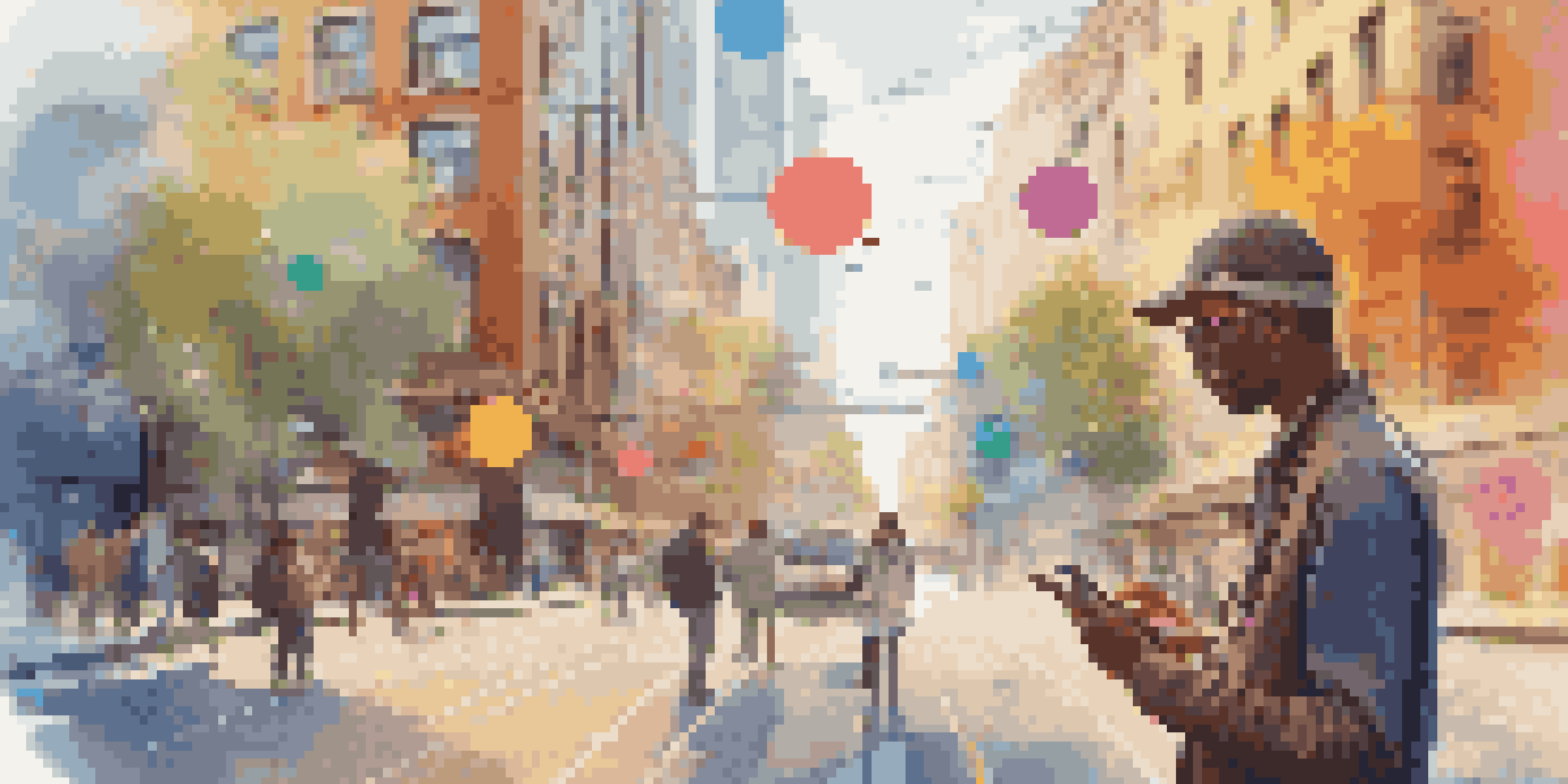 A user using augmented reality on a mobile device in an urban setting, with digital overlays interacting with the real environment.