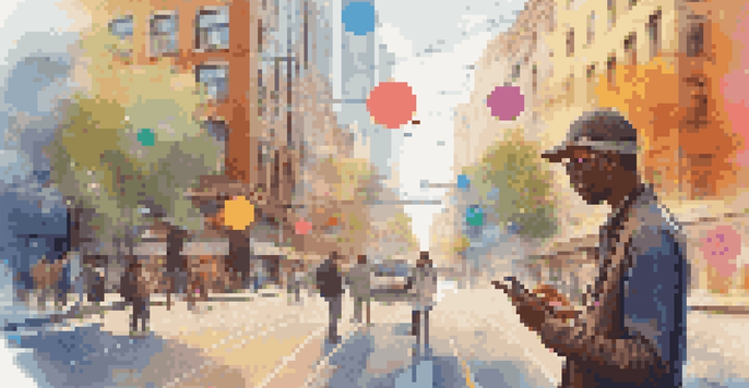 A user using augmented reality on a mobile device in an urban setting, with digital overlays interacting with the real environment.