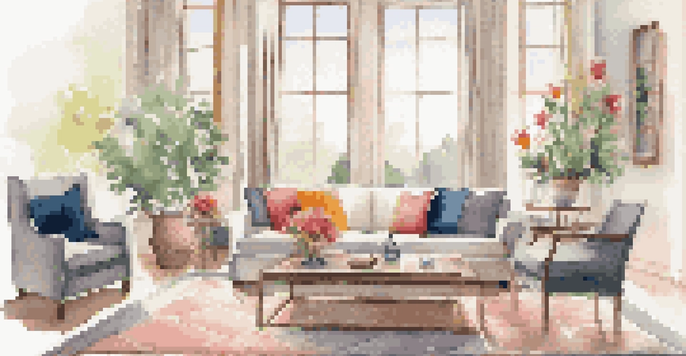 A cozy living room with a sofa, coffee table, flowers, and large window with natural light.