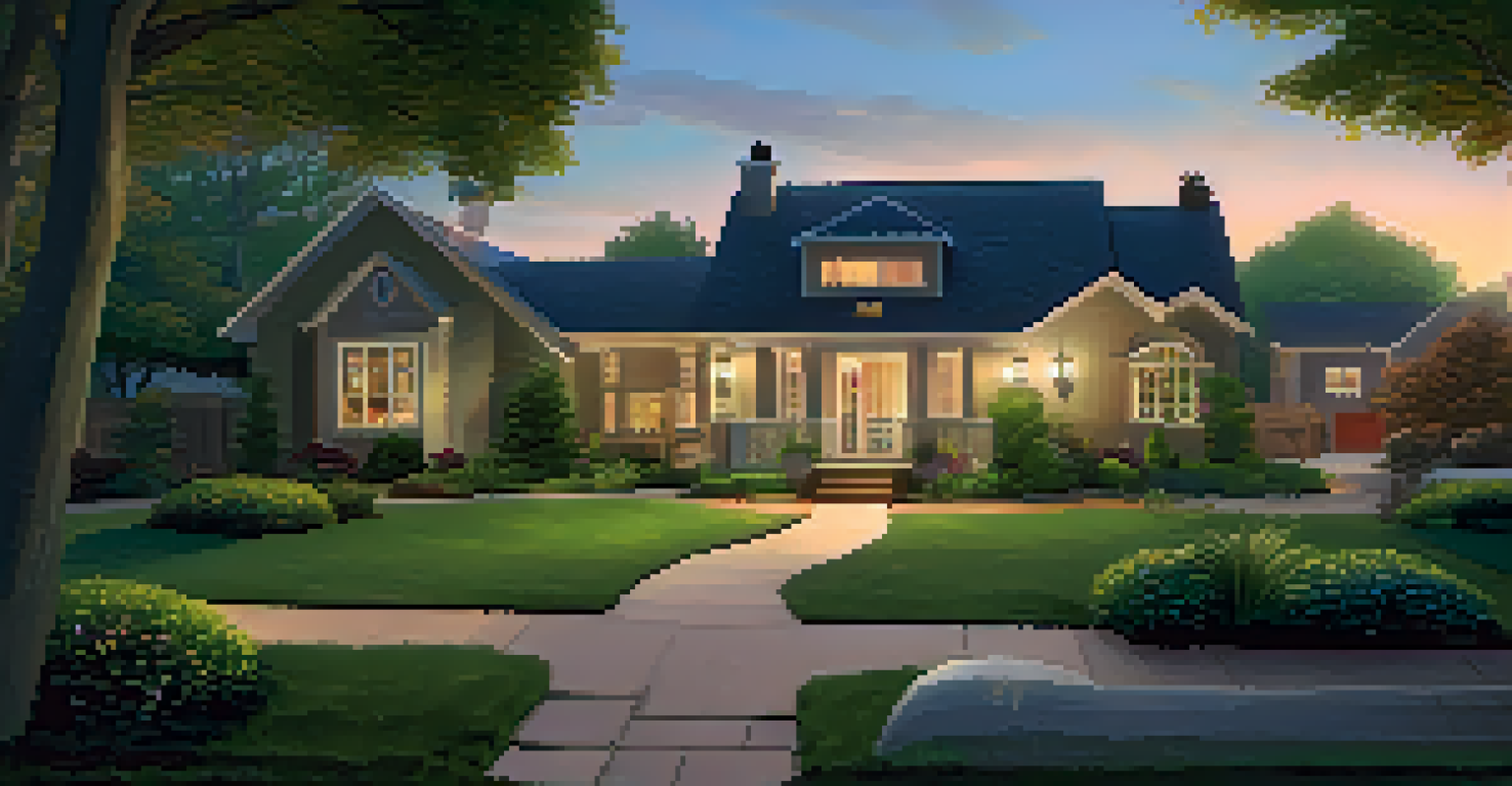 A suburban home with smart technology, surrounded by greenery and illuminated by soft lighting at twilight.