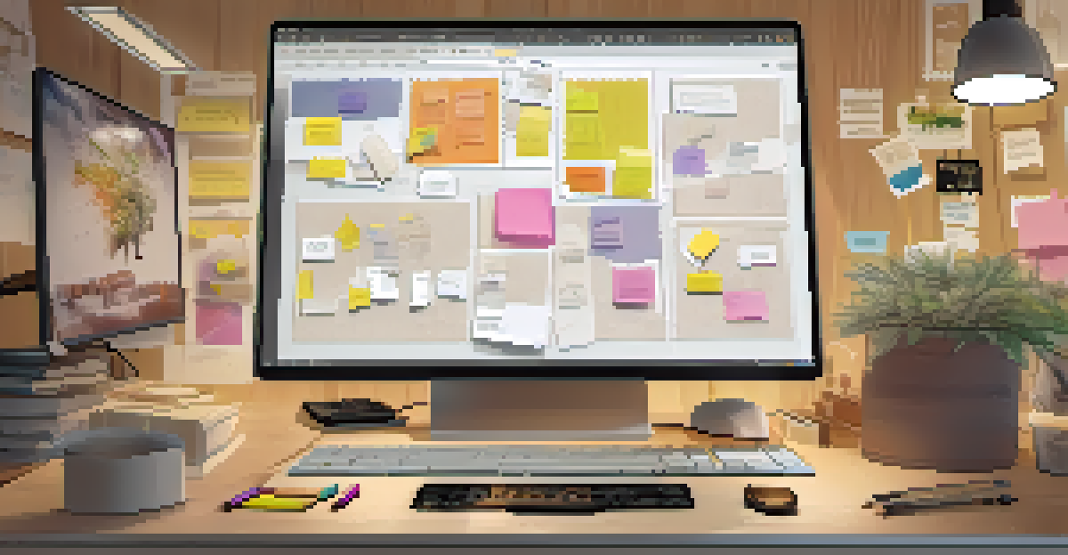 A tablet showing a digital prototype, surrounded by sketches and sticky notes in a cozy design studio.