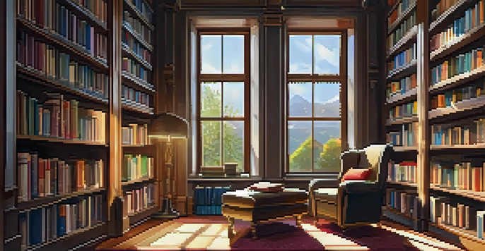 A cozy library with wooden shelves filled with colorful books, sunlight streaming through tall windows, and a reading nook with an armchair and table.