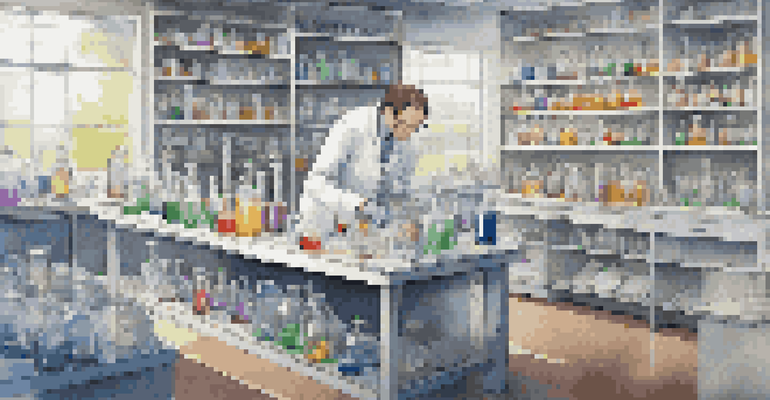 A scientist in a lab coat conducting an experiment in a modern laboratory filled with equipment and colorful liquids.