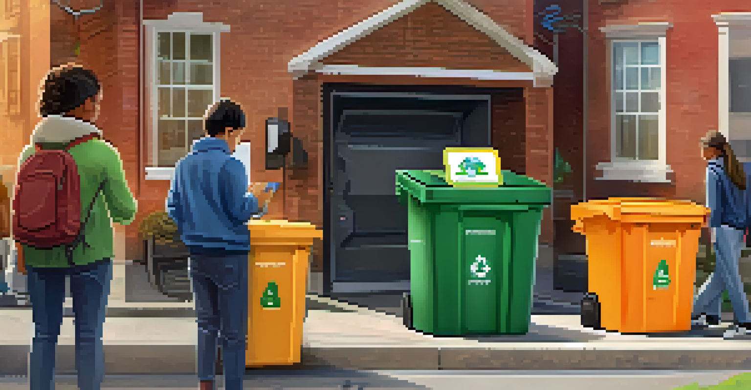 A close-up of a smart waste management system with a bin sorting recyclables and residents using mobile apps.