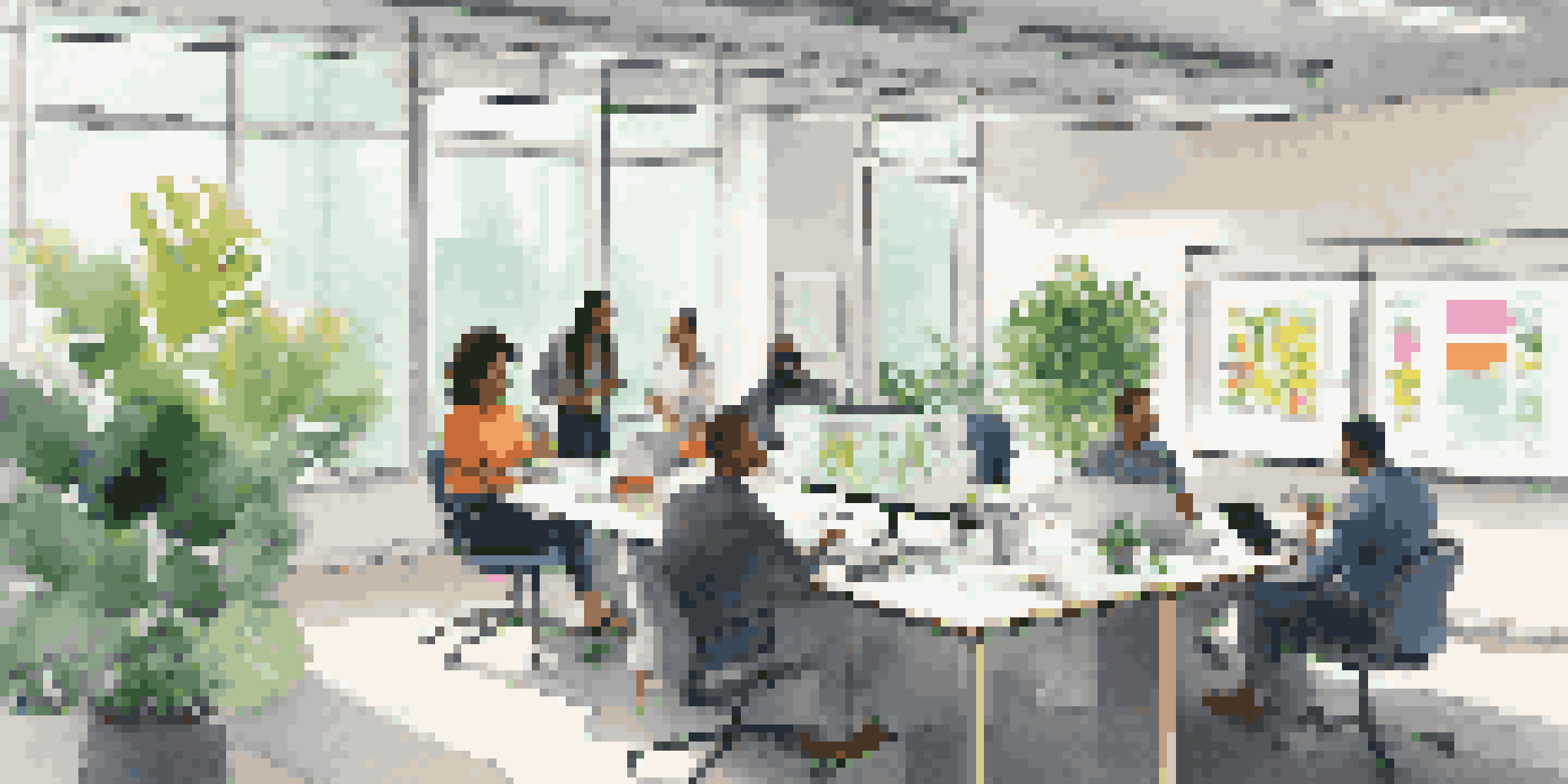 A diverse group of professionals in a bright office discussing user feedback strategies, surrounded by plants and a whiteboard with sticky notes.