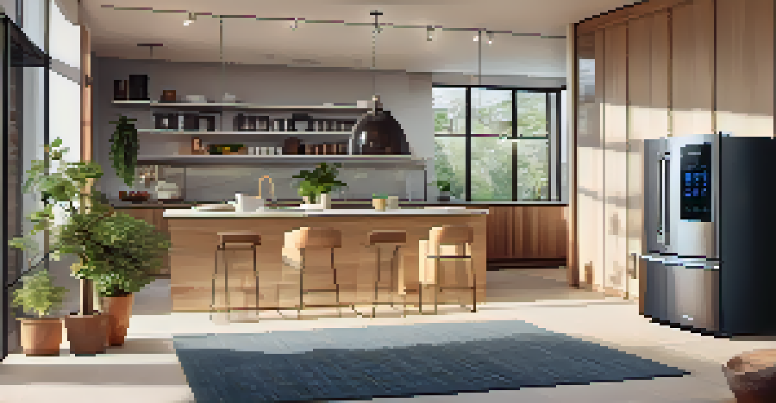 An interior of a smart home with interconnected devices and a warm atmosphere.