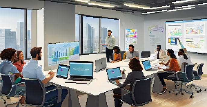 A diverse group of professionals in a bright office space, collaborating during a meeting with laptops and digital whiteboards.