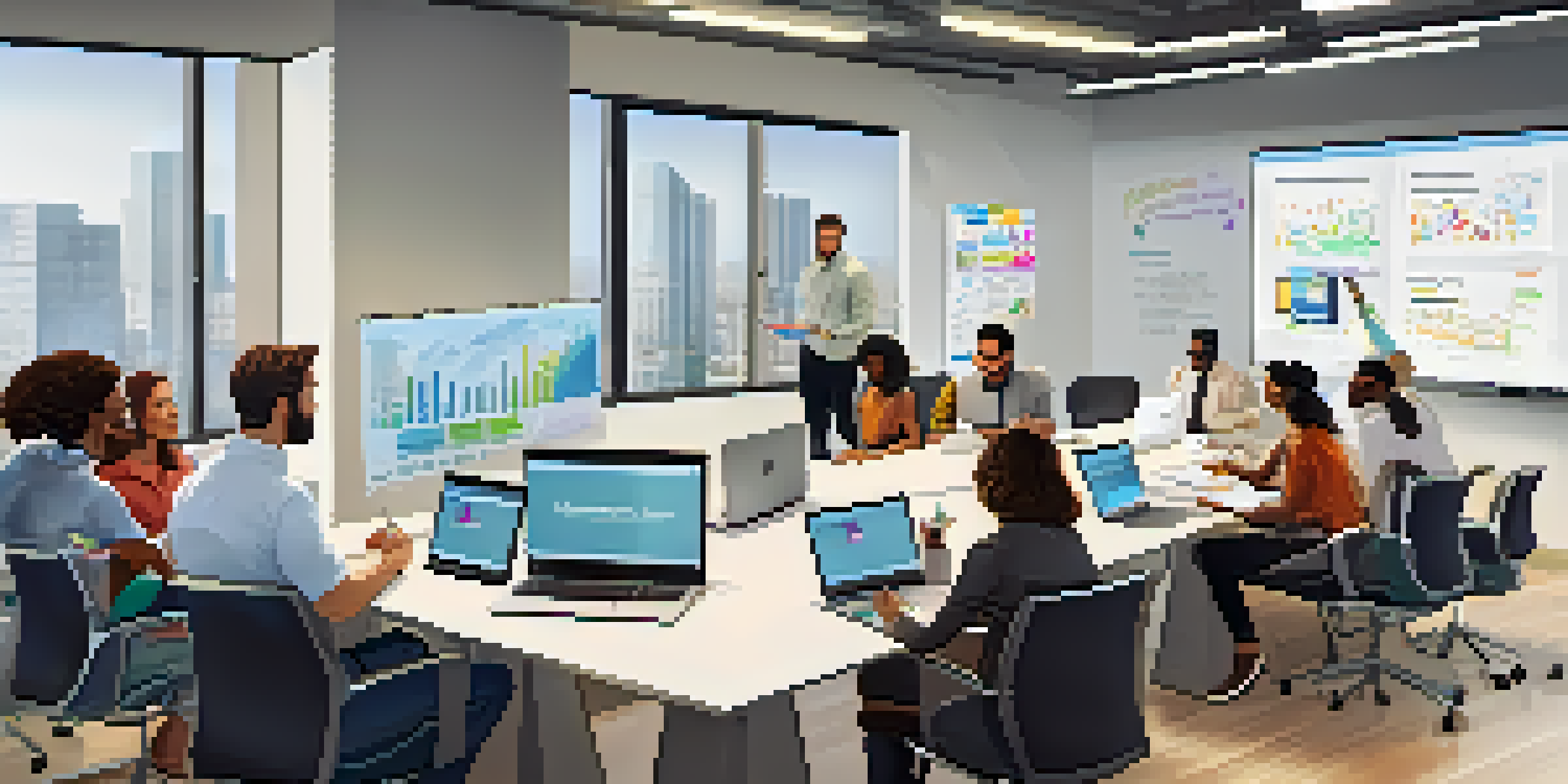 A diverse group of professionals in a bright office space, collaborating during a meeting with laptops and digital whiteboards.