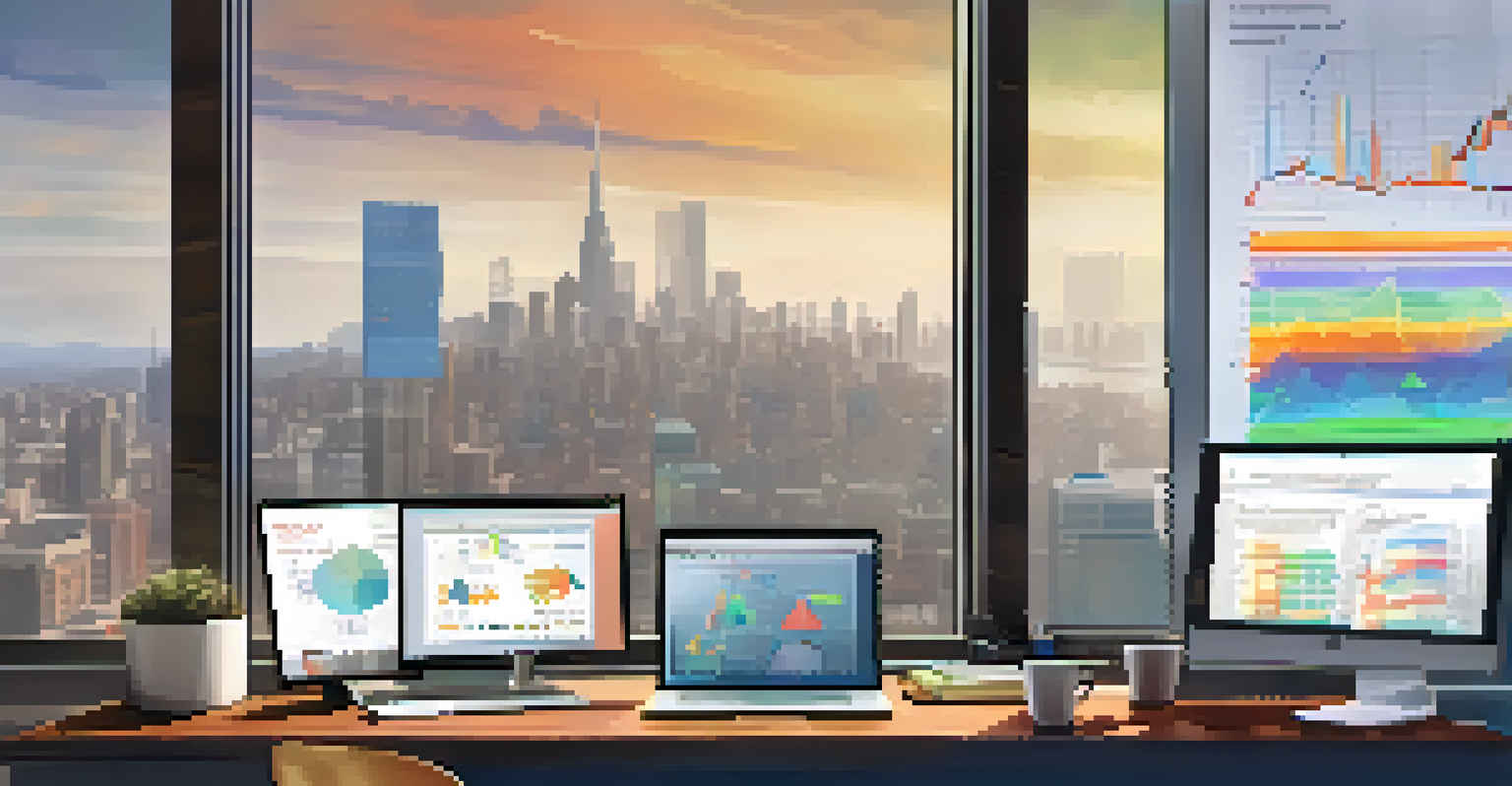 A computer screen showing colorful graphs and charts for customer analysis, with a notebook and coffee cup beside it, and a city skyline visible through a window.