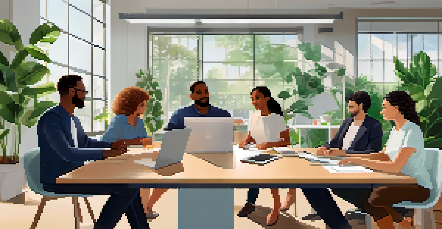 A diverse team collaborating around a table with laptops and documents in a bright office setting.