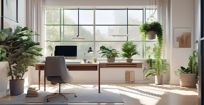 A modern office space with a desk, laptop, notepad, and coffee cup, bathed in natural light from large windows.