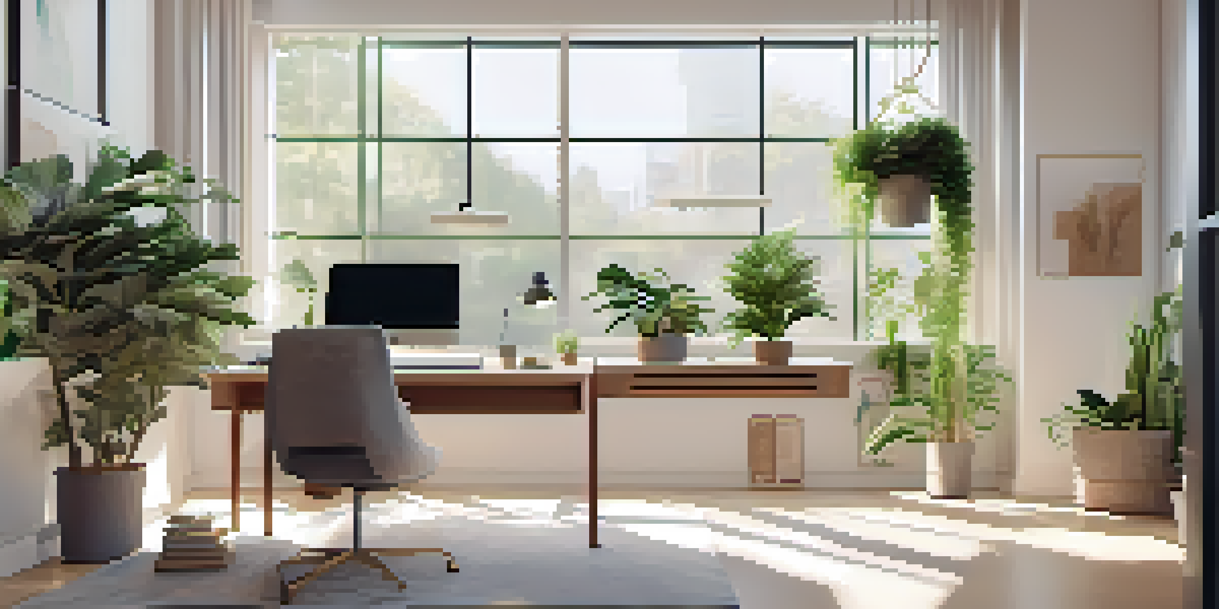 A modern office space with a desk, laptop, notepad, and coffee cup, bathed in natural light from large windows.