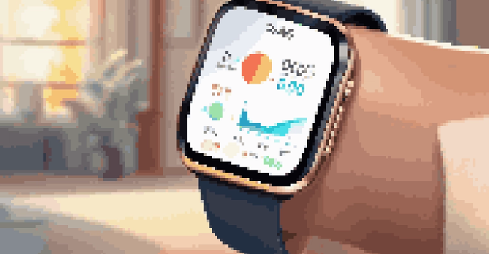 A smartwatch with health monitoring features displayed on the screen, set in a warm living room environment, suggesting accessibility for disabled users.