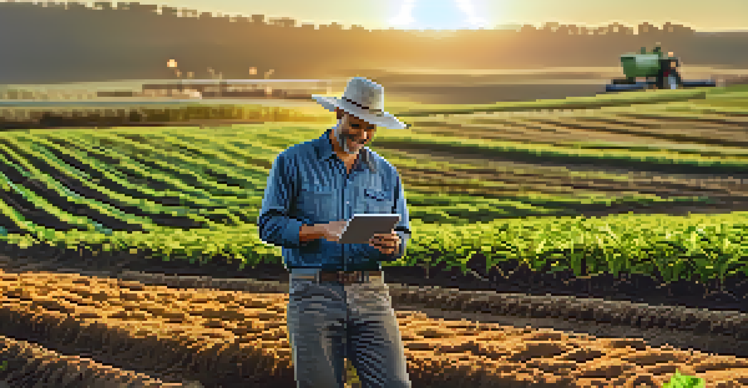 A farmer using a tablet in a field with IoT sensors, smiling at the data while the sun sets.