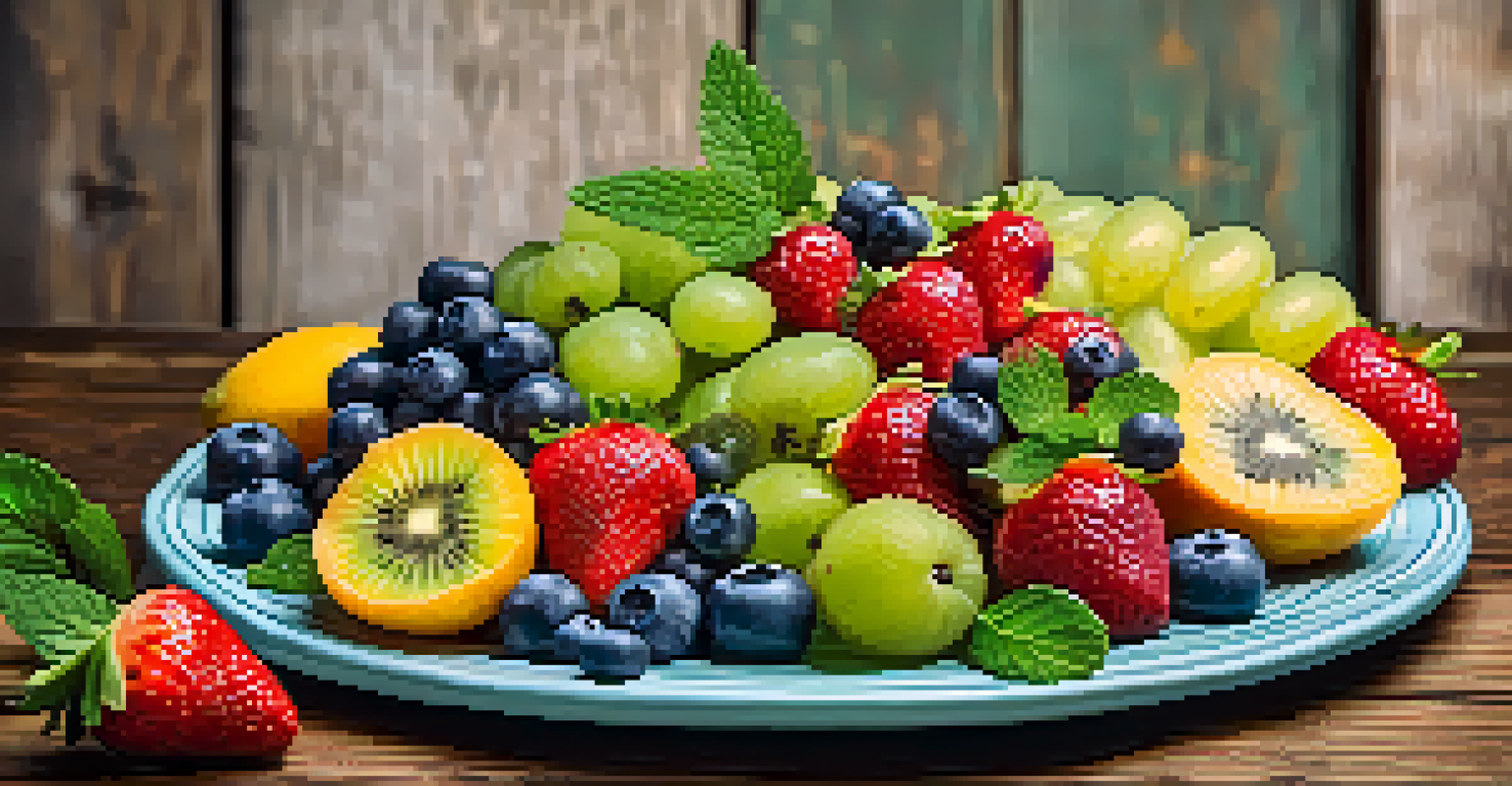 A close-up view of a plate filled with fresh strawberries, kiwis, and blueberries, garnished with mint, set against a rustic wooden table.