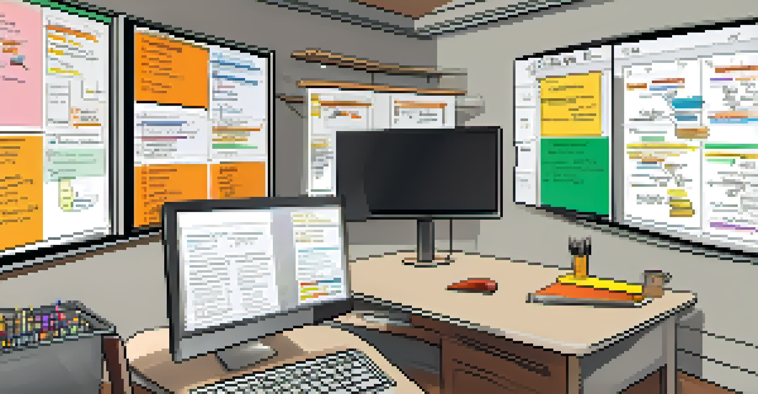 A close-up of a virtual whiteboard with a structured project plan and color-coded tasks, with a hand pointing at a task.
