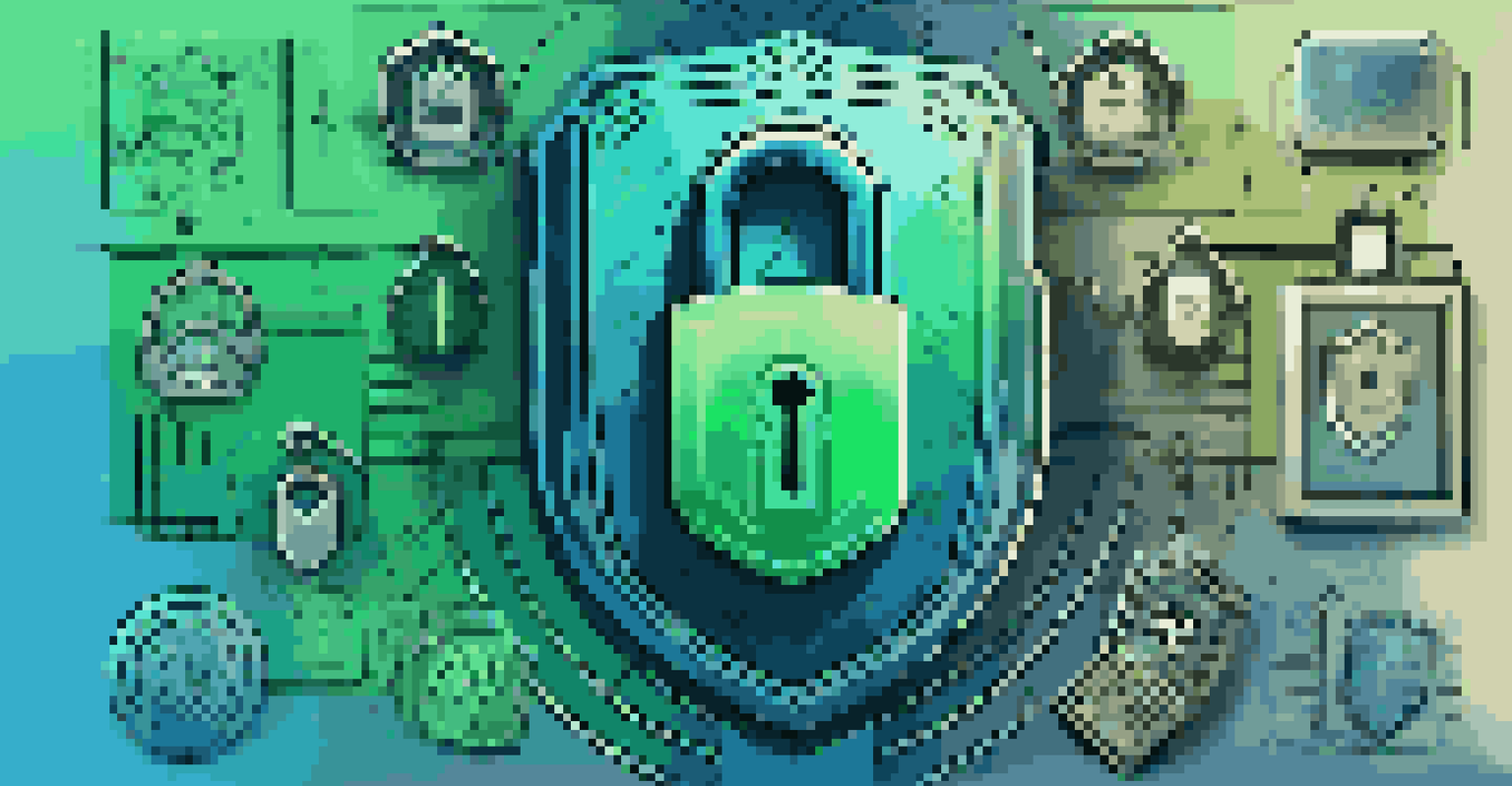 A digital lock surrounded by security icons such as a fingerprint and a shield, set against a blue and green gradient background.