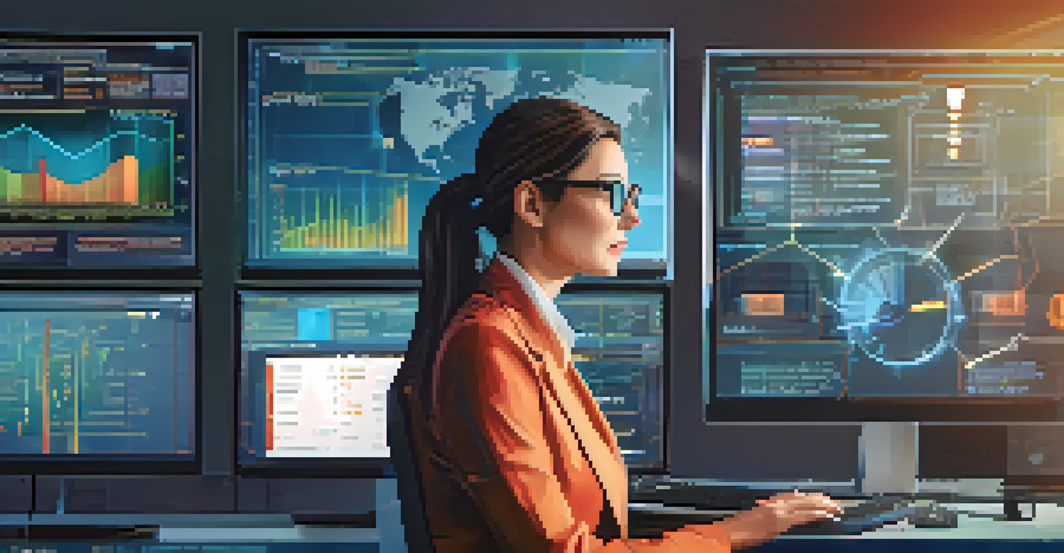 A cybersecurity professional monitoring a digital dashboard with network traffic analytics, showing graphs and alerts in a modern office setting.
