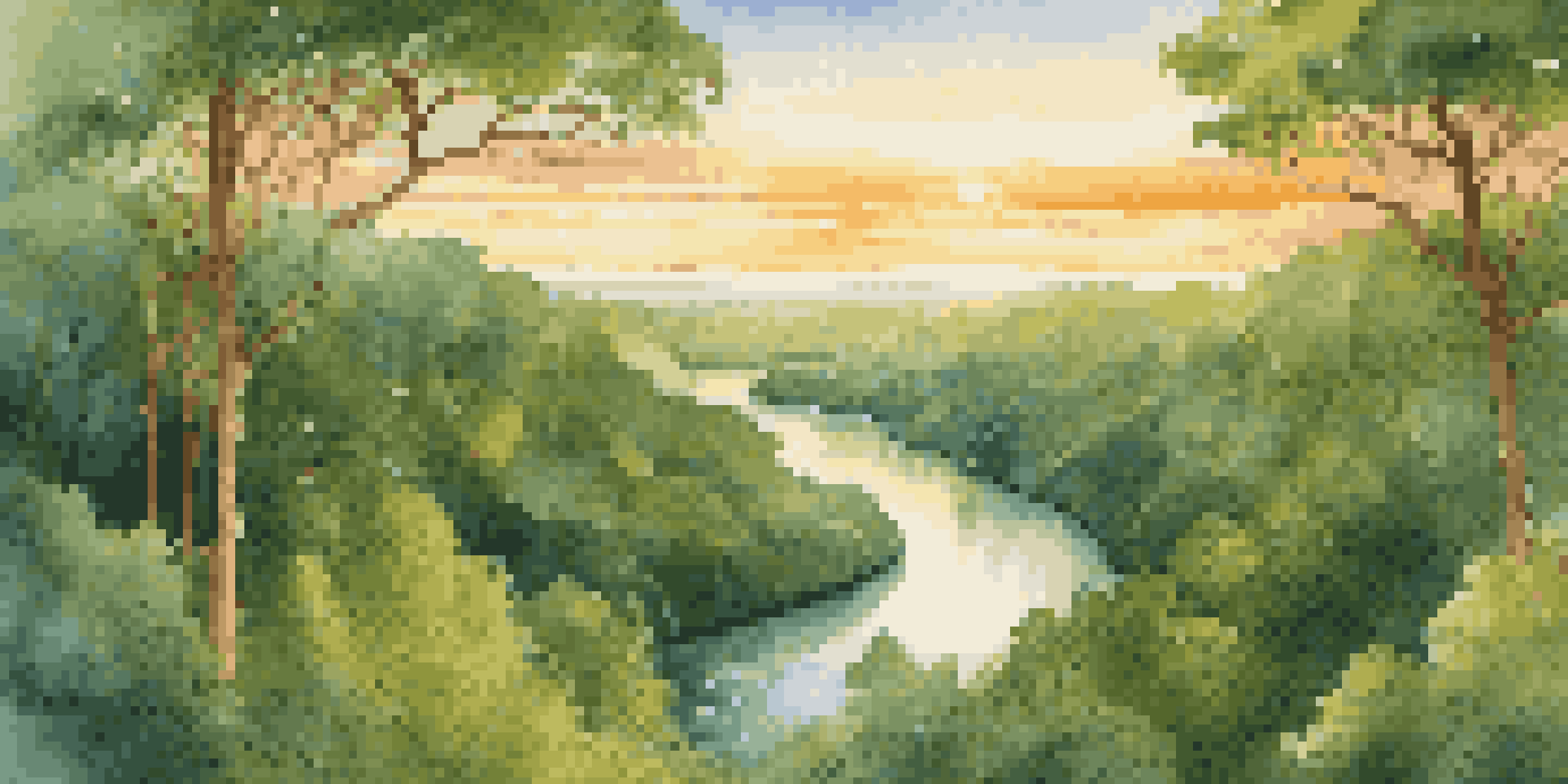 Aerial view of a green forest with a river, illuminated by a golden sunset.