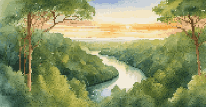 Aerial view of a green forest with a river, illuminated by a golden sunset.