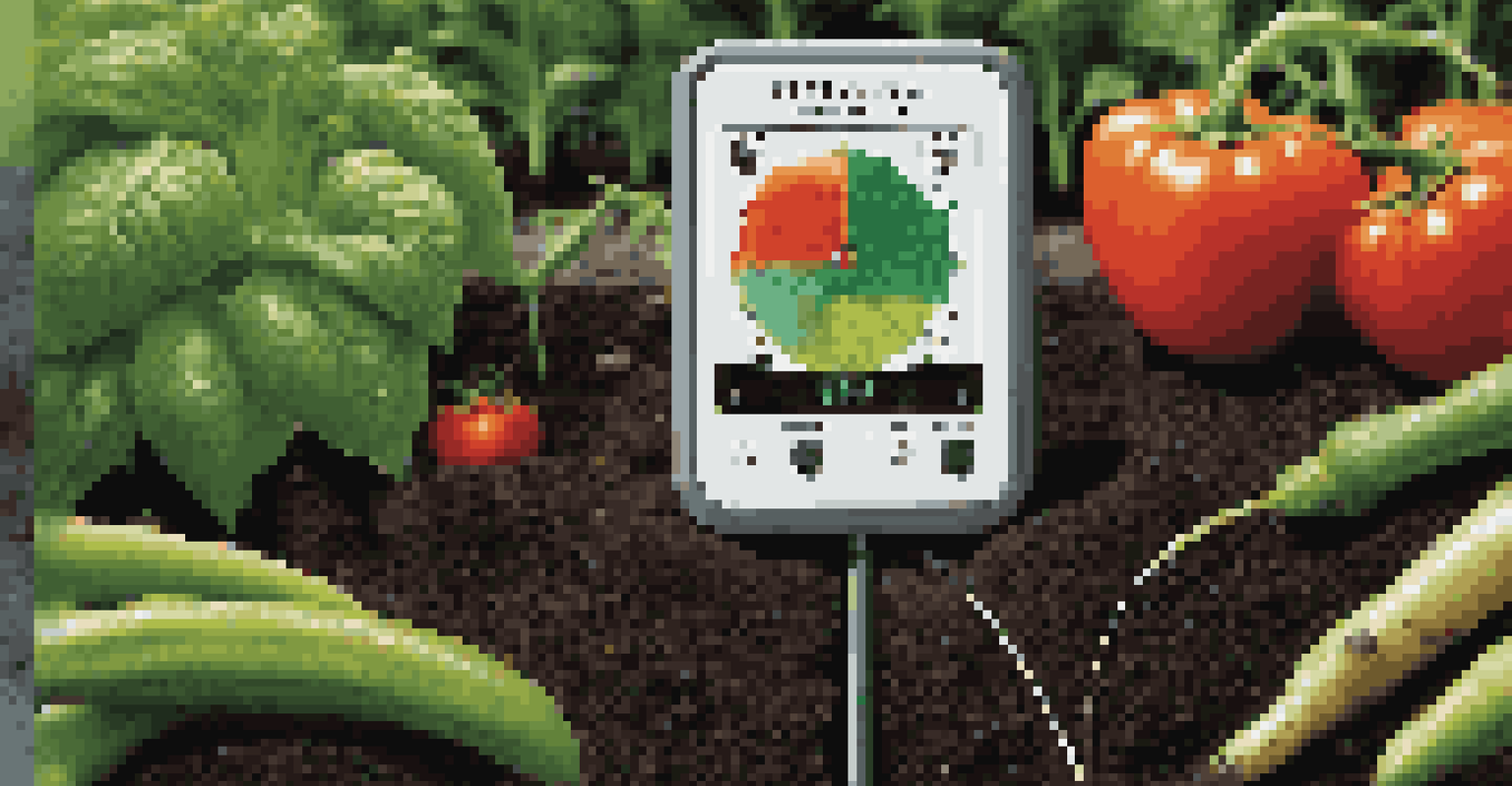 Close-up of a soil moisture sensor in healthy soil, surrounded by vibrant vegetables like tomatoes and peppers.