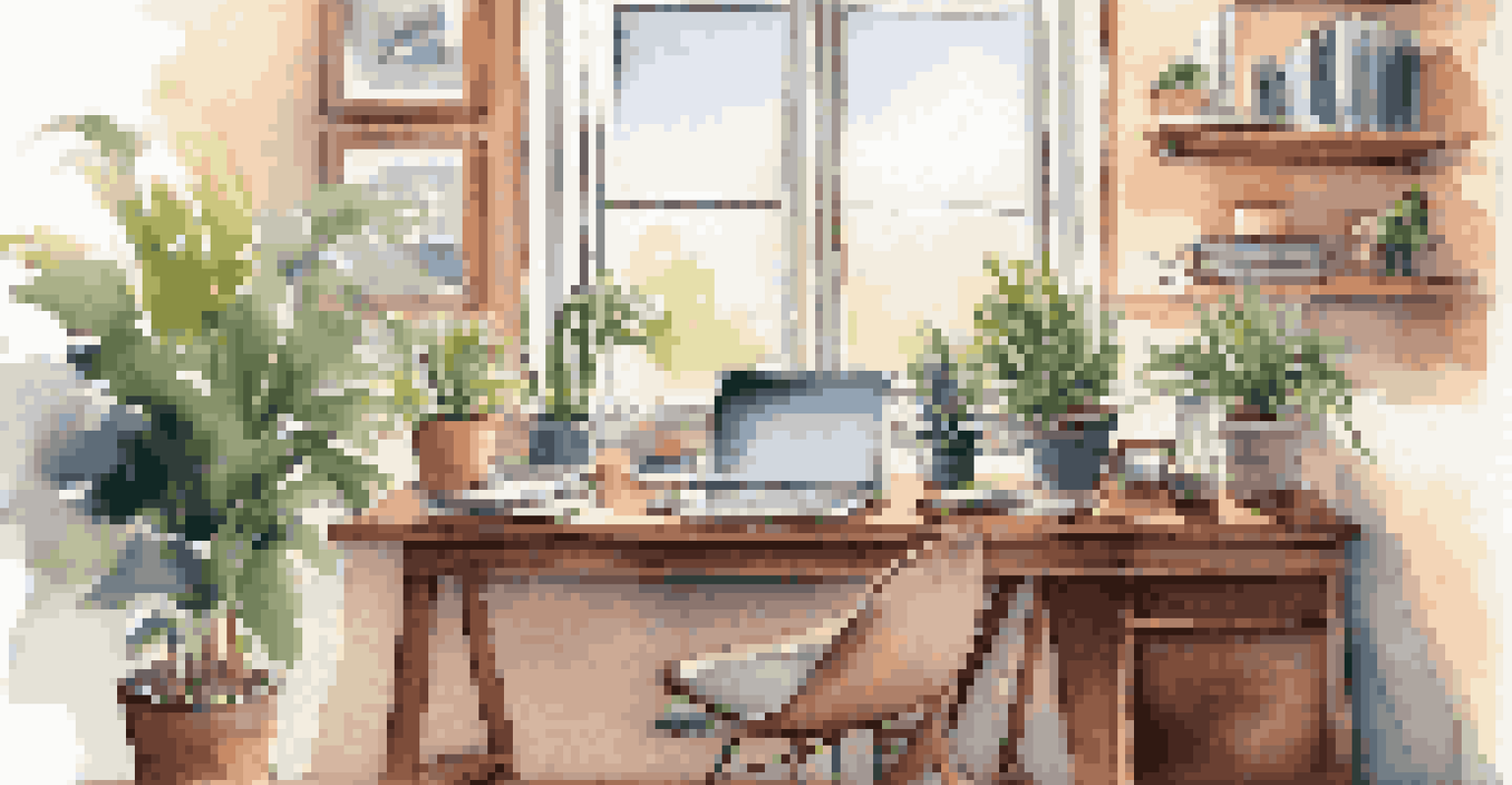 A cozy home office with a laptop on a desk, a coffee mug, and a sunny window, illustrating remote work.