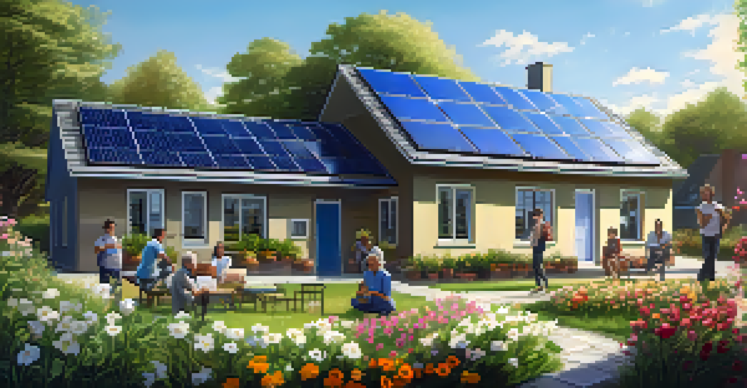 Close-up of solar panels on a rural house roof, with flowers in the foreground and community members discussing renewable energy in the background.