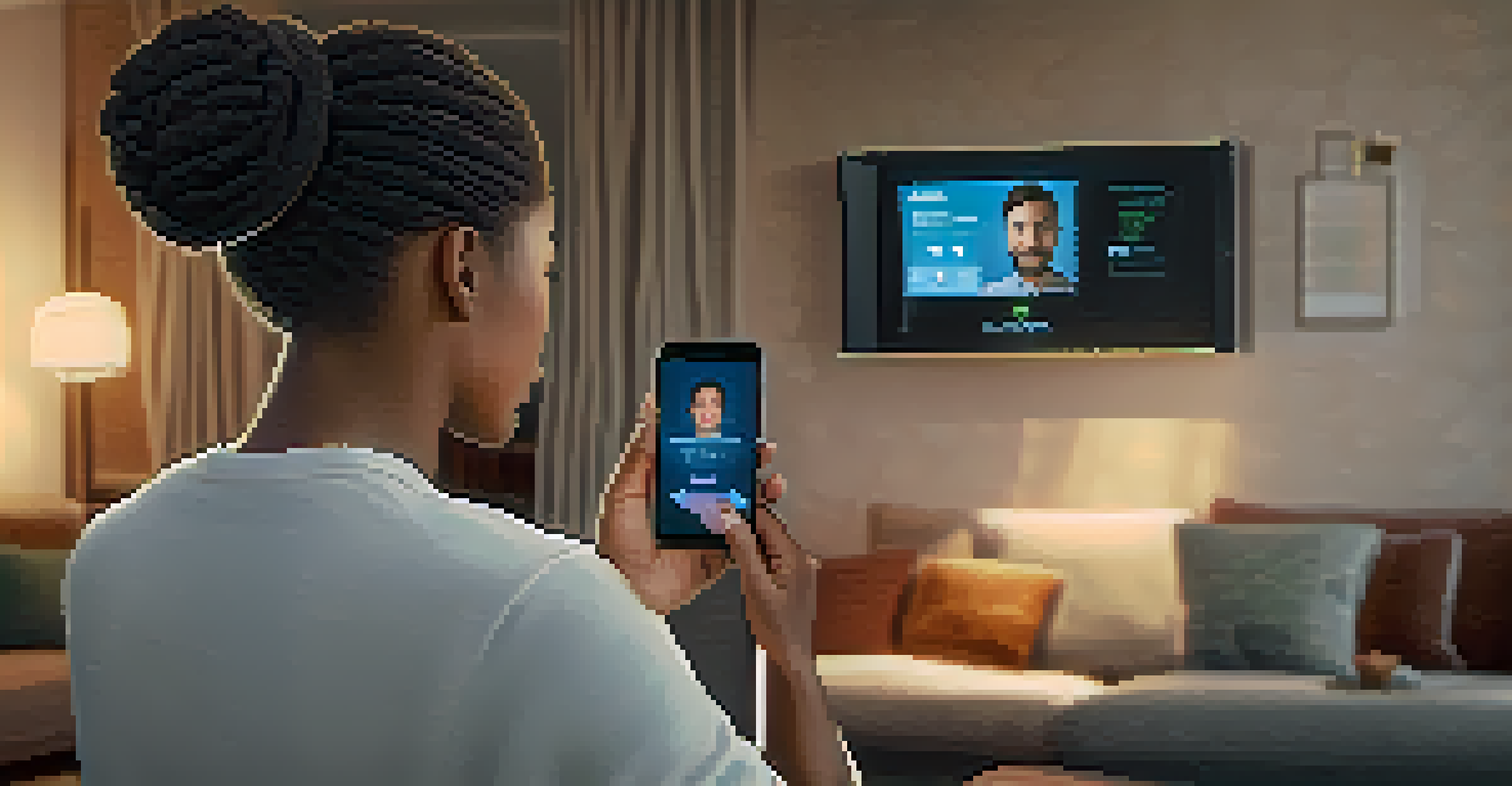 A close-up of a person using a smartphone with facial recognition, showing a successful login confirmation in a warmly lit living room.