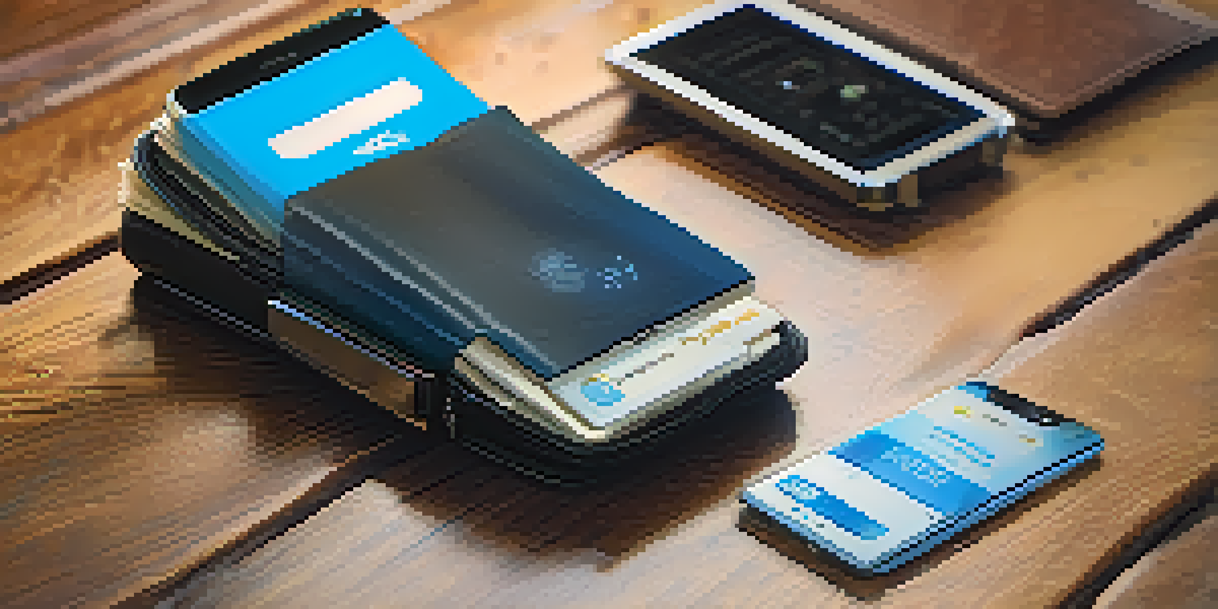 A digital wallet displaying identity credentials on a wooden table in a coffee shop, with soft blue light and a cozy atmosphere.