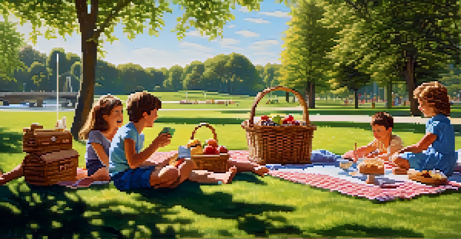 A family having a picnic in a sunny park with a blanket, food basket, and children playing nearby.