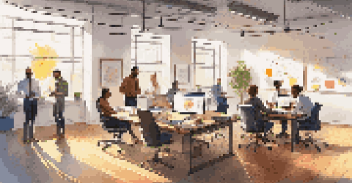 A bright office with diverse employees collaborating at a large table, sunlight streaming in, and a whiteboard filled with colorful notes.