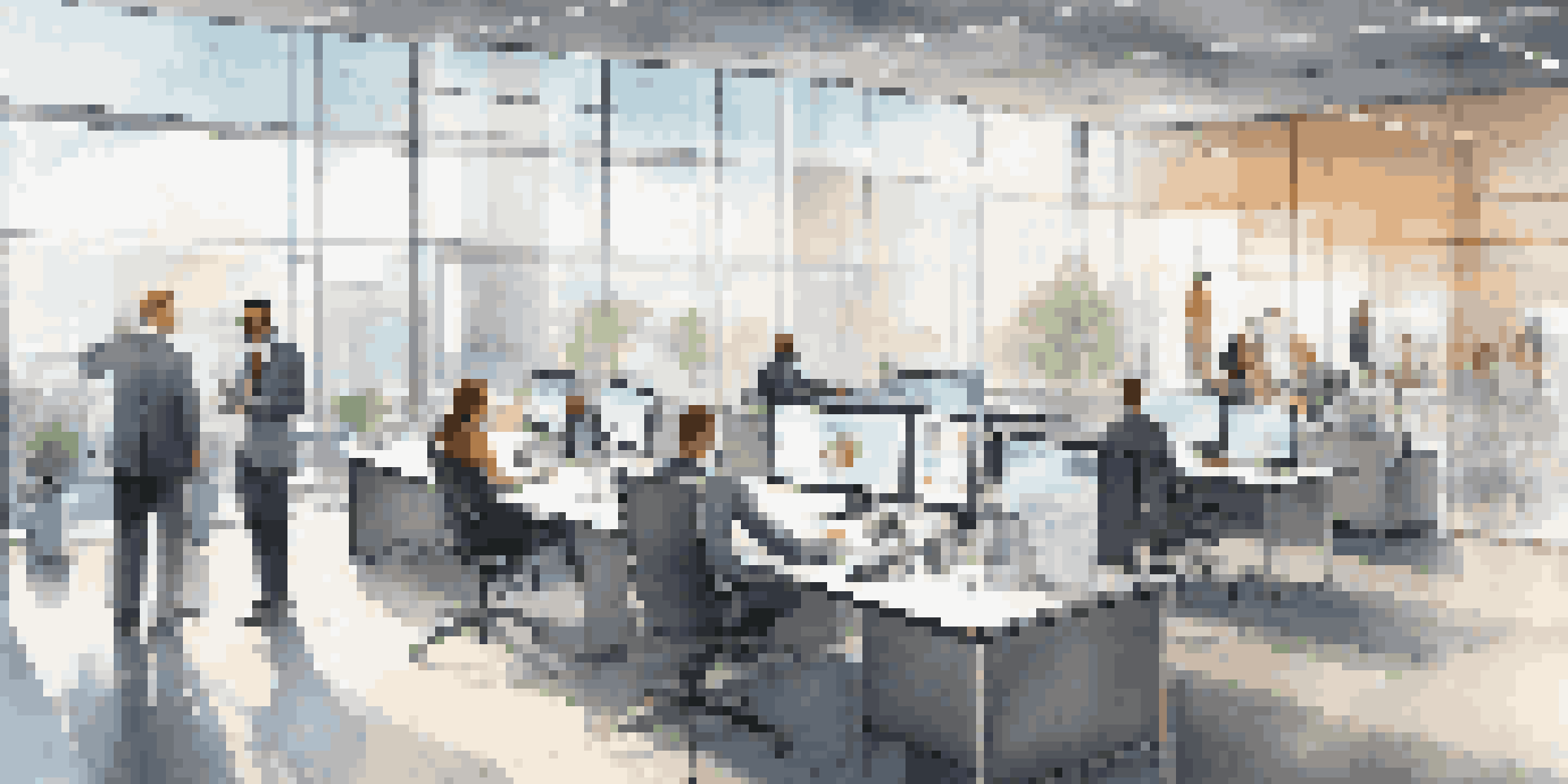 A bright and modern office with employees working together around a conference table, surrounded by digital screens showing data analytics.