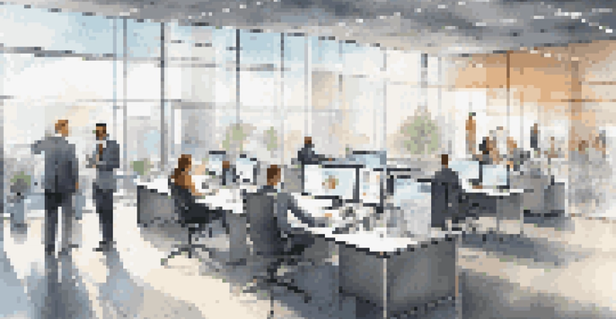 A bright and modern office with employees working together around a conference table, surrounded by digital screens showing data analytics.