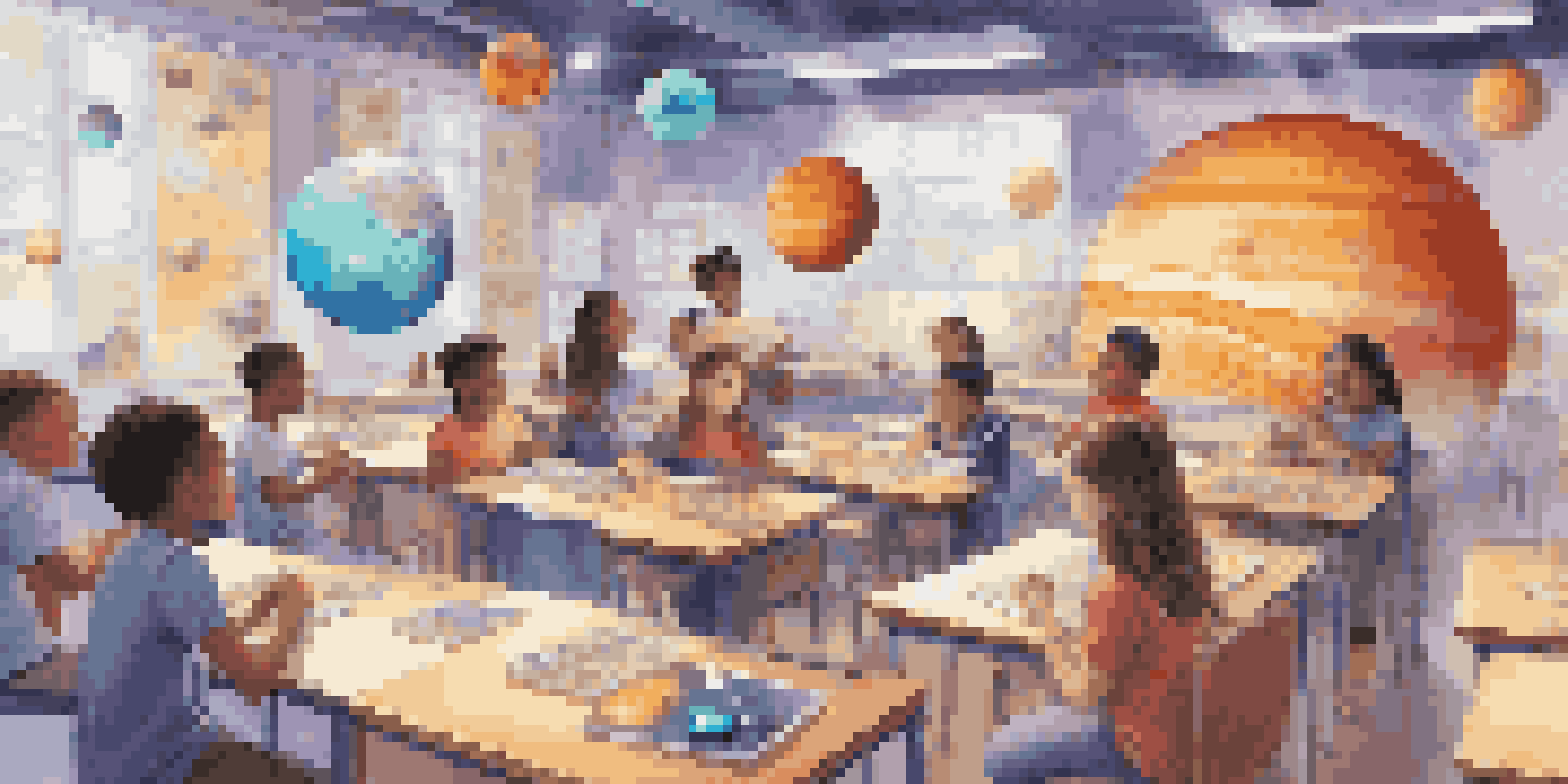 A diverse group of students in a bright classroom, using augmented reality devices to explore 3D holograms of planets in the solar system.