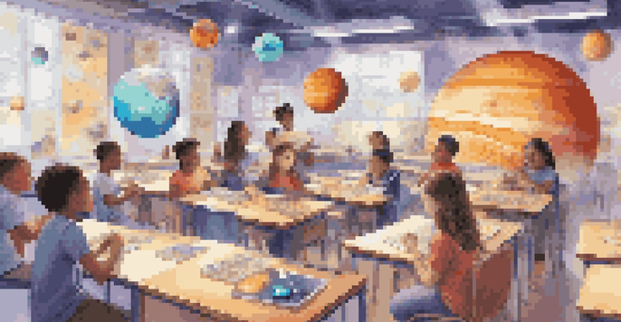 A diverse group of students in a bright classroom, using augmented reality devices to explore 3D holograms of planets in the solar system.