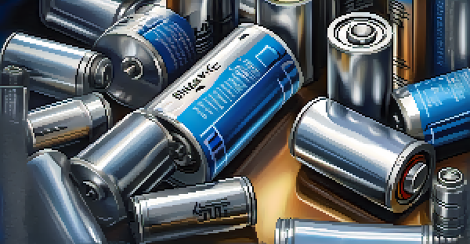 A close-up view of a modern lithium-ion battery with intricate components, illuminated by warm lighting.