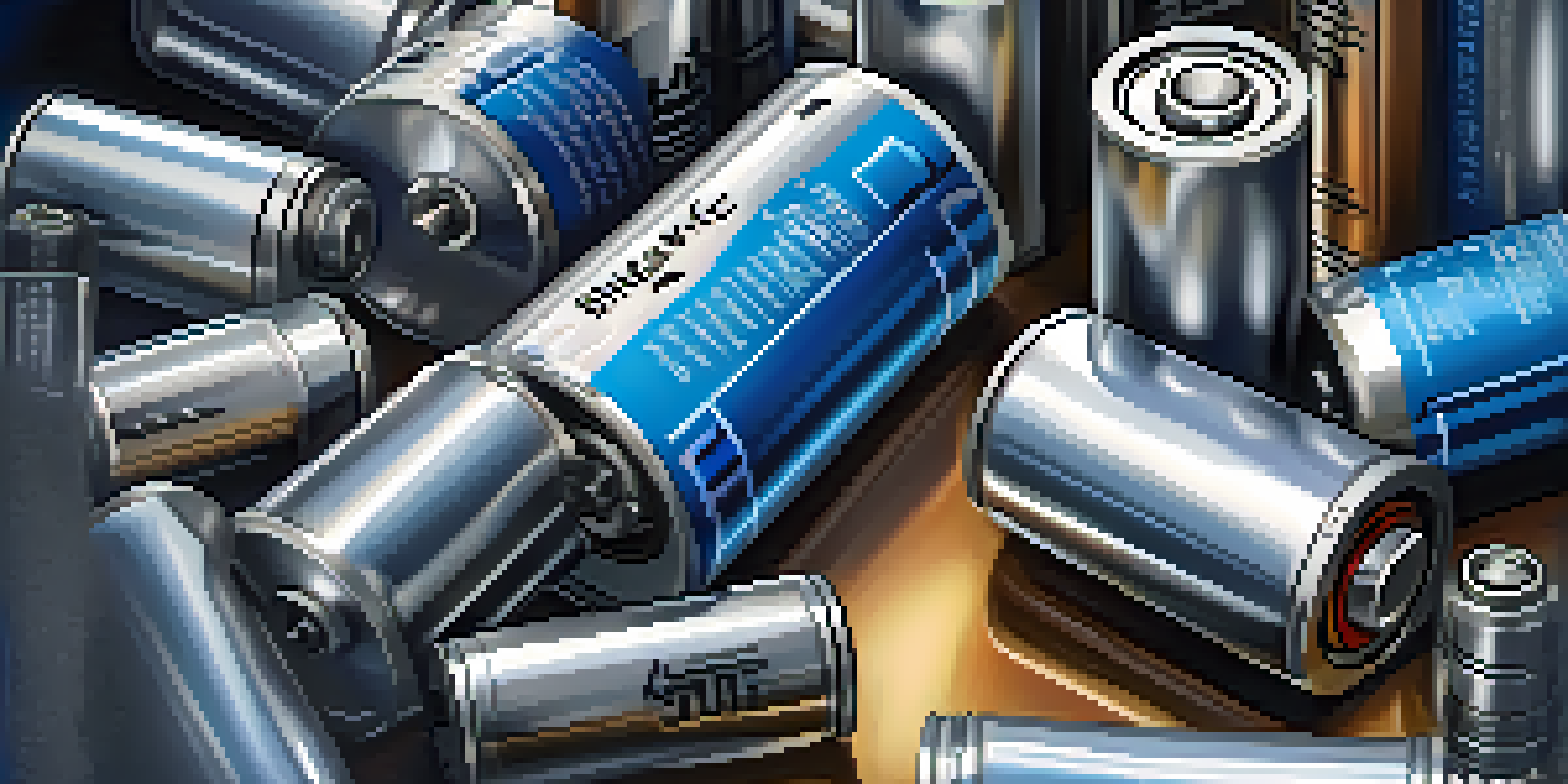 A close-up view of a modern lithium-ion battery with intricate components, illuminated by warm lighting.