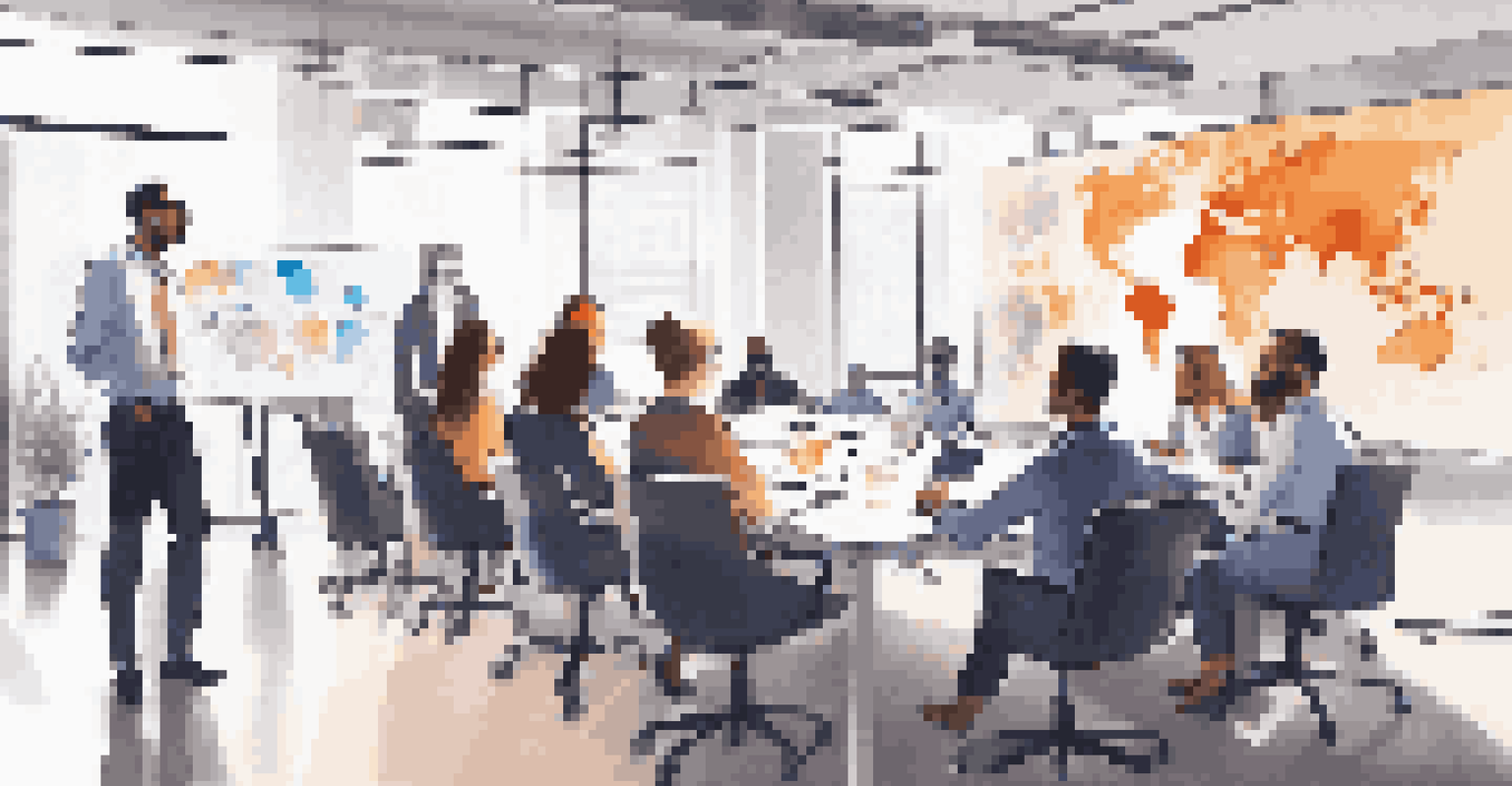 A team in a conference room using AI tools to enhance supply chain decisions, with a digital whiteboard and flowcharts displayed.