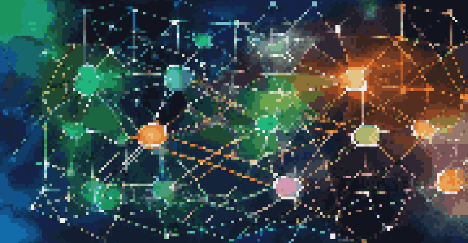 An abstract illustration of blockchain technology with interconnected nodes and glowing lines on a deep blue background.