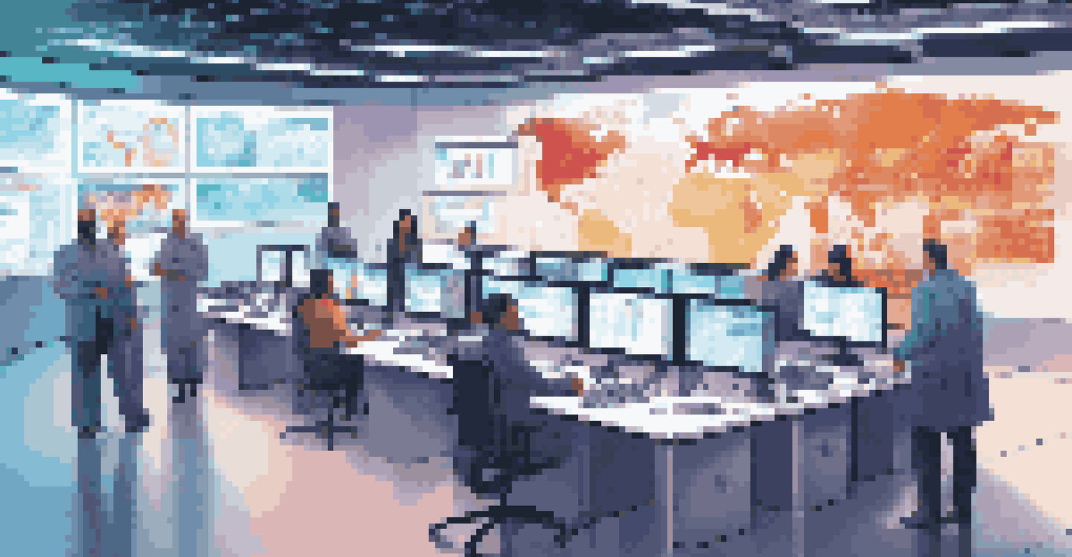 A modern supply chain control room with professionals analyzing real-time data on ethical sourcing and sustainability, surrounded by digital displays.