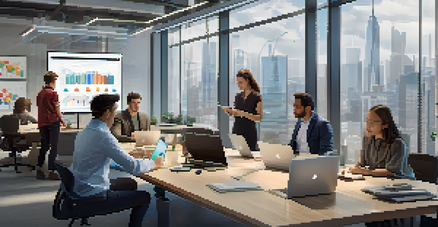 A modern office with a diverse team collaborating on a 5G technology project, featuring digital screens displaying data and bright natural light.