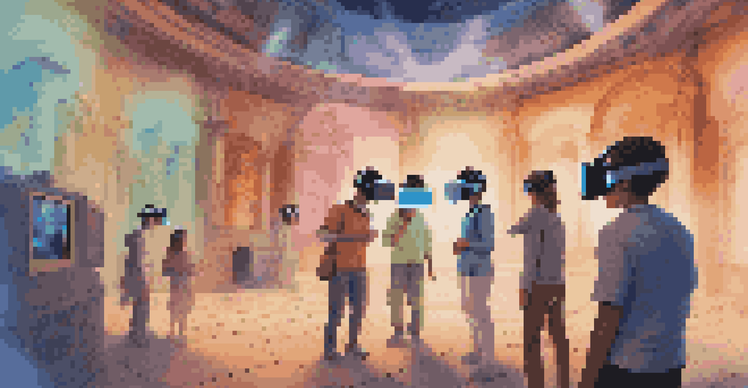 Students wearing virtual reality headsets exploring 3D historical landmarks with interactive holographic displays in a colorful environment.