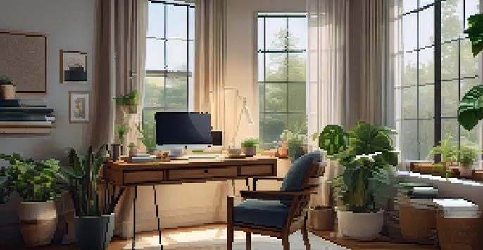A cozy home office with a wooden desk, laptop, and coffee, illuminated by warm natural light from a window.
